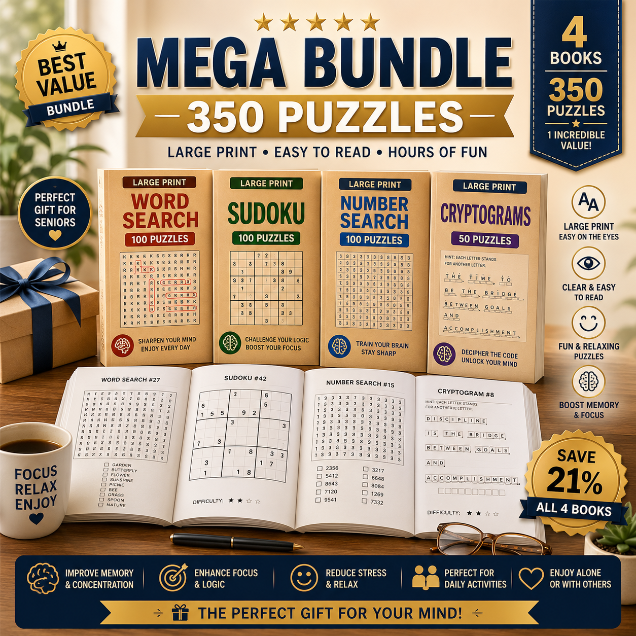 ππ§© Brain Games Mega Bundle β 350 Large Print Puzzles for Seniors